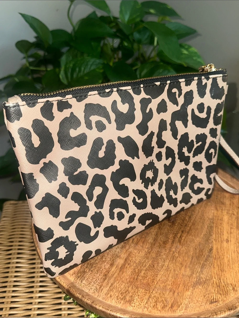 Anne Klein Leopard Print Wristlet Black and Tan with Gold Hardware NWOT